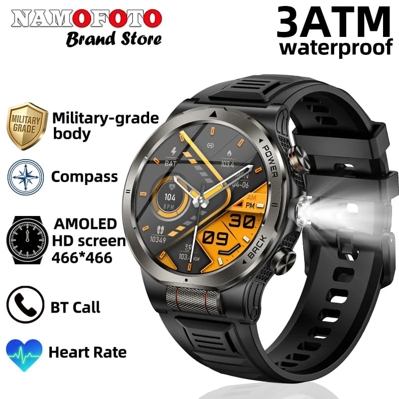Nuovo Smartwatch GPS con Bussola 2026, 1100mAh, per Uomo, Sportivo, di Grado Militare, con Chiamate, Torcia LED Potente, Cardiofrequenzimetro
