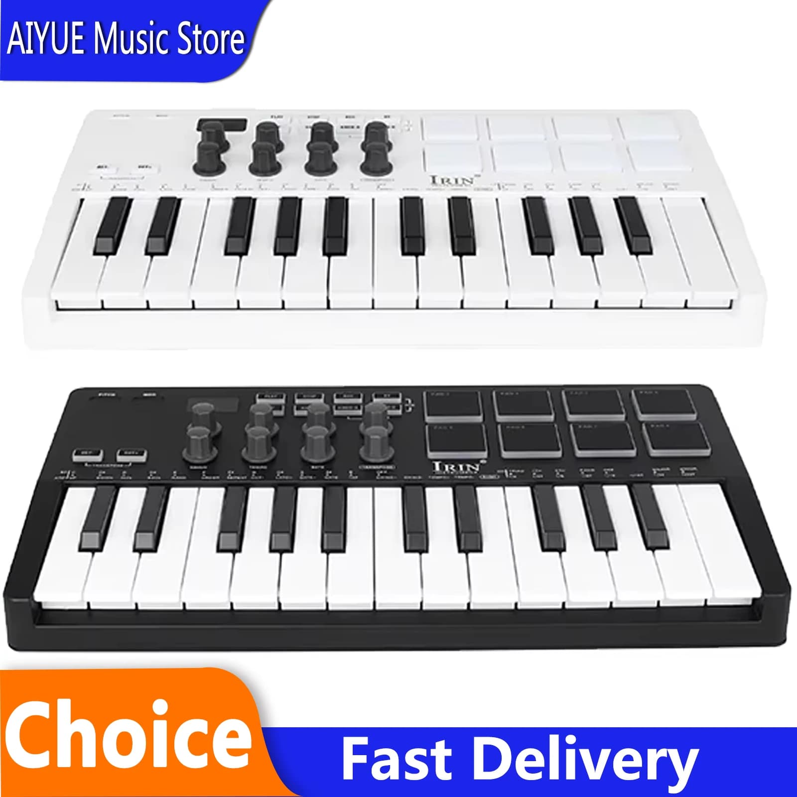 Controller MIDI SMK-25 con tastiera USB portatile mini a 25 tasti, 8 pad RGB per batteria, 8 manopole e software per la produzione musicale incluso.