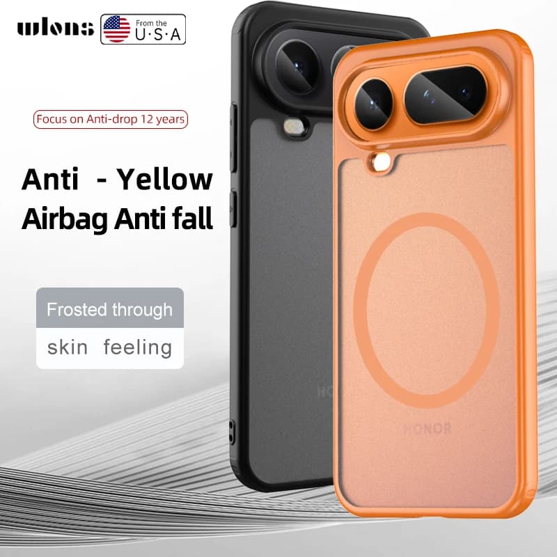 Custodia Magnetica Smerigliata Semi-trasparente Effetto Pelle Bambino con Protezione Lente Fotocamera Rialzata Ibrida Morbida per Honor Magic8 Magic 8 Pro Air