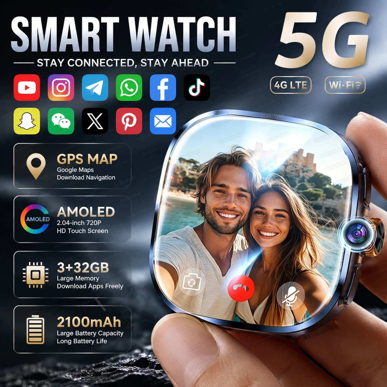 New Video Call WiFi 5G Original Smart Watch 32GB Memory Social App GPS Google Maps AMOLED 2100mAh Battery Men Android Smartwatch
