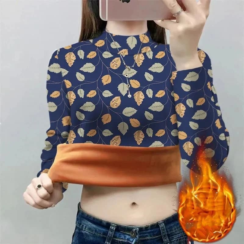 T-shirt a maniche lunghe slim fit casual da donna autunno inverno collo alto stampato con motivo a foglie