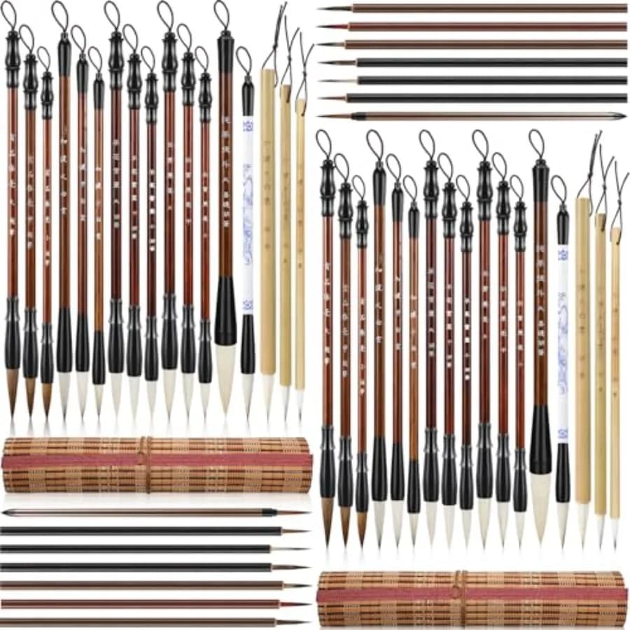 Pcs Chinese Calligraphy Brush Set Watercolor Brushes Bulk with Roll up Bamboo Brush Holder Writing Drawing Brushes for Kanji, J