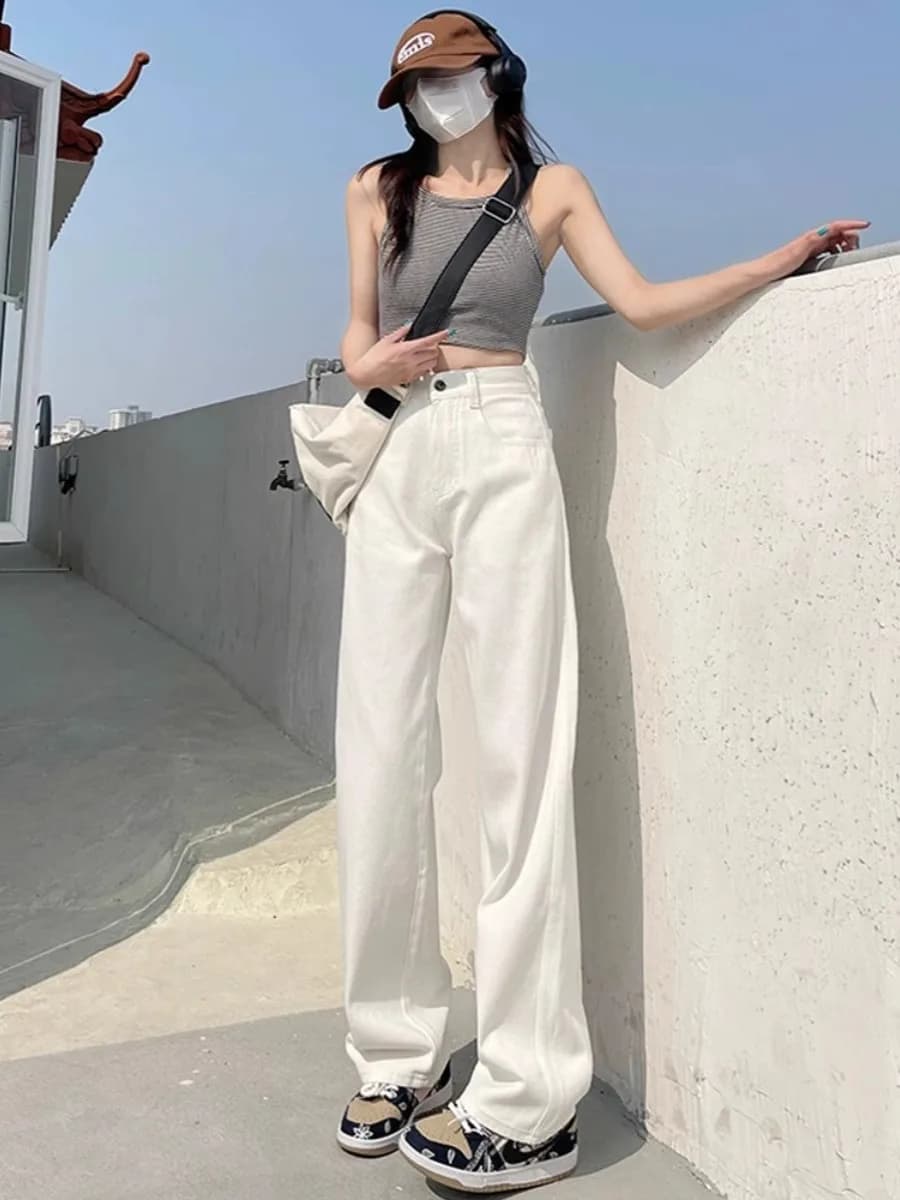 Jeans Bianchi a Vita Alta con Gamba Larga e Drappeggiata, Pantaloni Larghi e Snellenti a Gamba Dritta per Donna, Nuovo Design Primavera-Estate