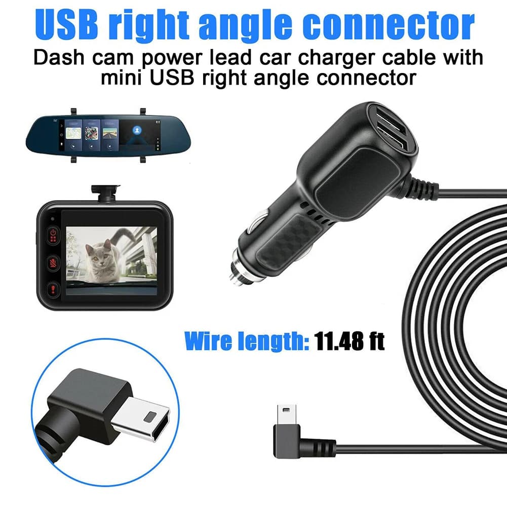 Power Supply Cable DVR Dash Cam Car Charger Mini USB Micro USB Cable 11.5 Foot Power Cable 12-24 V for Dash Cam Mirror Cam