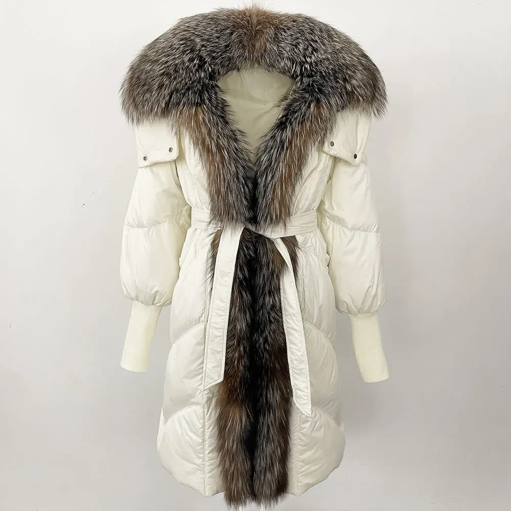 Hooded White Duck Down Coat Women Fashion Puffer Jacket Winter Autumn Women Real Natural Fox Fur Coat Thick Warm Overwea Femaler