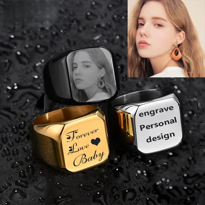 Custom Ring with Name, Text or Photos for Valentine's Day, Stainless Steel Gift Massis, Laser Engraved Fidancy Ring