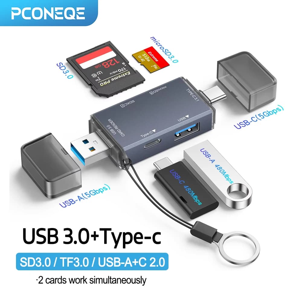 Lettore di schede PCONEQE Giunto USB C+A adatto per porte SD3.0/TF3.0/USB-A+C Adattatore per computer portatile Lettore di schede di memoria intelligente