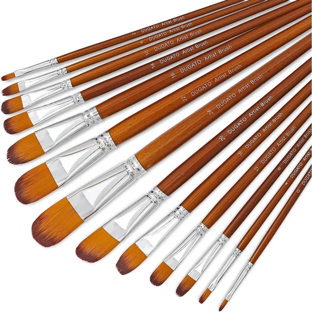 Painting Brush Set 13 Pieces, with Long Handle in Wood and Anti-loss Nylon Sets, for Oil Painting, Acrylic, Watercolor, Gouache and Painting with Numbers (13 pcs)