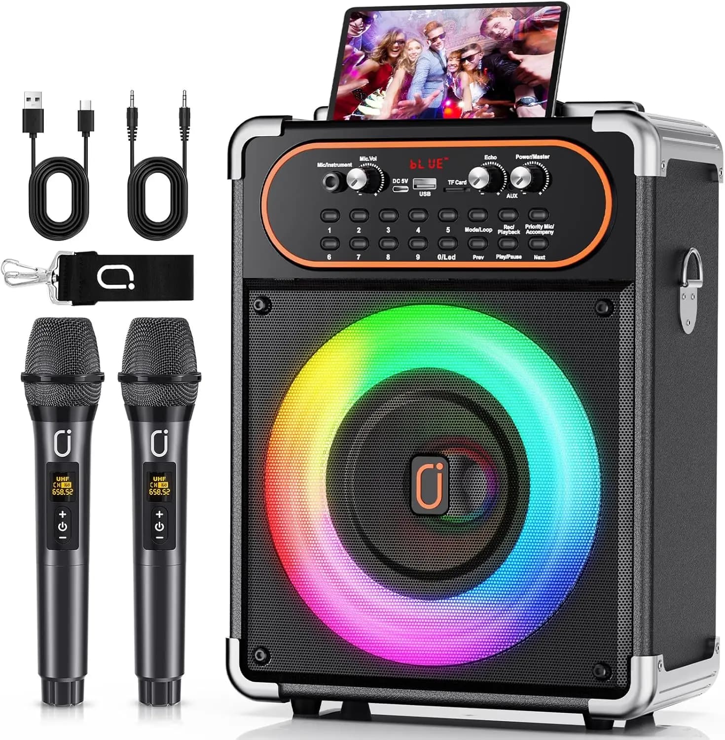 Macchina per Karaoke Portatile con Altoparlante Bluetooth, Microfoni Wireless, Effetto Eco e Luci Disco per Feste in Casa