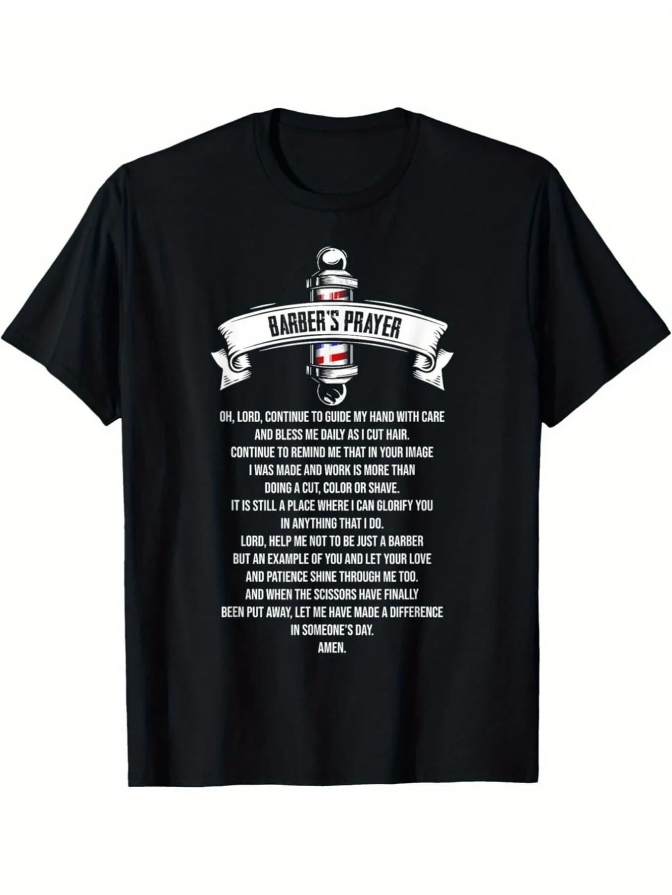 Men's 180g 100g cotton barber prayer pattern T-shirt-religious hair design with hair post and scissors print short-sleeved round neck casual T-shirt machine-washable