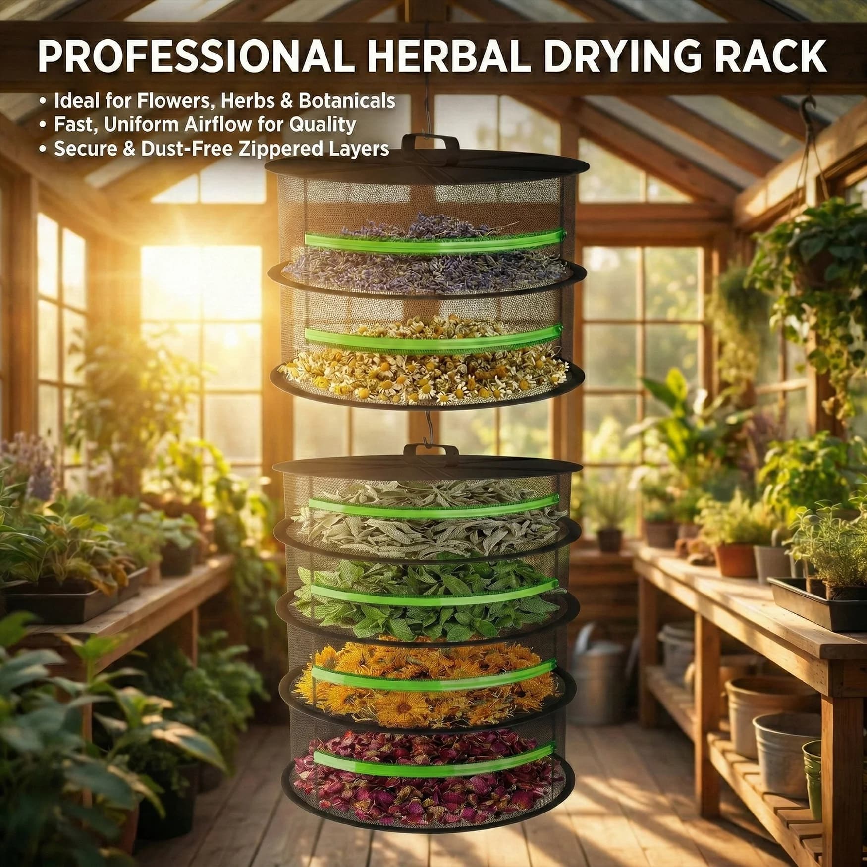 2-8 Tier Herb Drying Rack Mesh Hanging Dryer Net With Green Zippers Collapsible Hydroponic Dry Net For Drying Seeds Herbs Flower