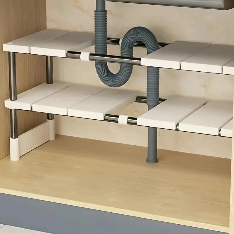 Adjustable shelf under the sink - Multi-layer space saving rack in stainless steel, suitable for kitchen and bathroom cabinets, durable design without wood, easy to install, multi-functional shelf under the sink, ideal positioning for pots and cleaning tools, available in stackable multiple units