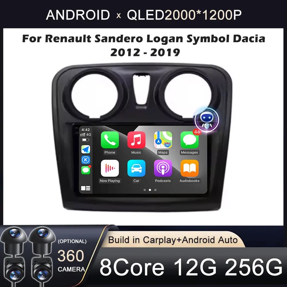Autoradio Android 16 per Renault Sandero Logan Symbol Dacia 2012-2019, Lettore Multimediale Video, Carplay, GPS, Android Auto, Stereo