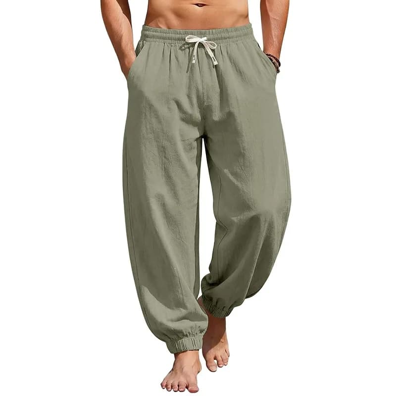 Men Soft Cotton Linen Loose Harem Joggers Drawstring Elastic Waist Ankle Cuffs Breathable Summer Beach Yoga Outdoor Daily Pants