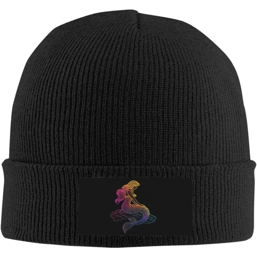 Black Knitted Beanie with Colorful Mermaid Patch Winter Warm Hat for Women Girls Fantasy Sea Creature Print Skull Cap