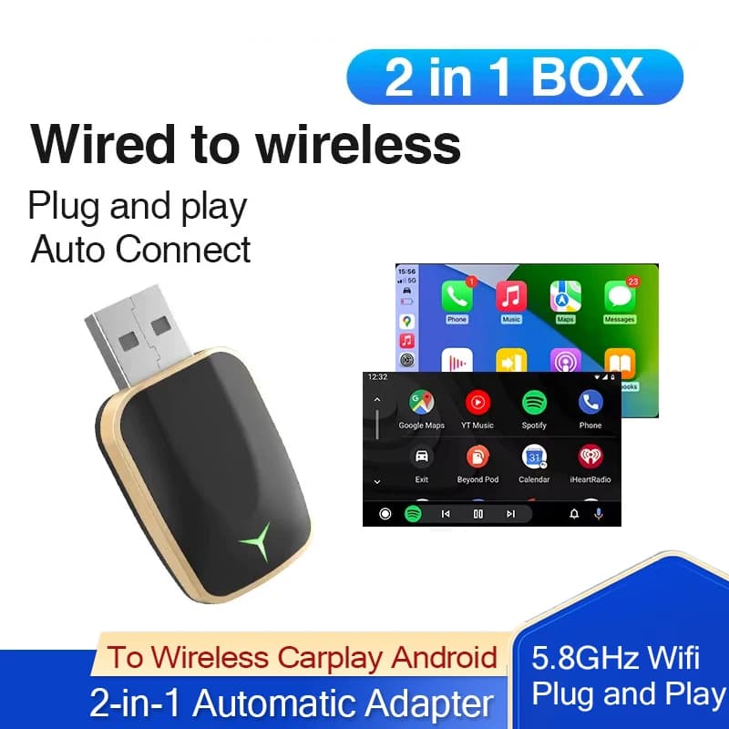Wireless Carplay Android 2-in-1 Automatic Gadget Adapter for Auto Smart Box 5.8GHz Wifi Plug and Play Universal OTA Update