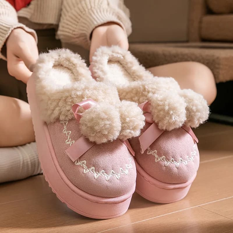 2026 New Women's Plush Winter Booties - Cute Thick Sole Slippers, Non-Slip Fleece-Lined House Shoes with Warm Fuzzy Interior
