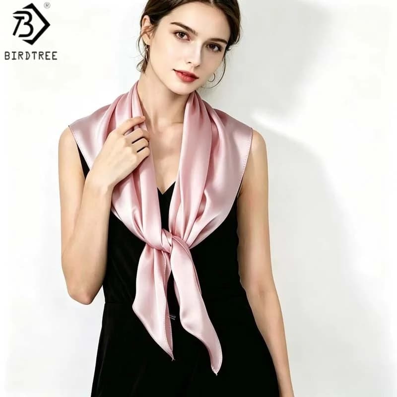 BirdTree, 100% Silk Square Solid Scarf, Mom's Gift Elegant Chic Basics Kerchief, 2026 Spring Summer Shawl, Pink, White A64641JF