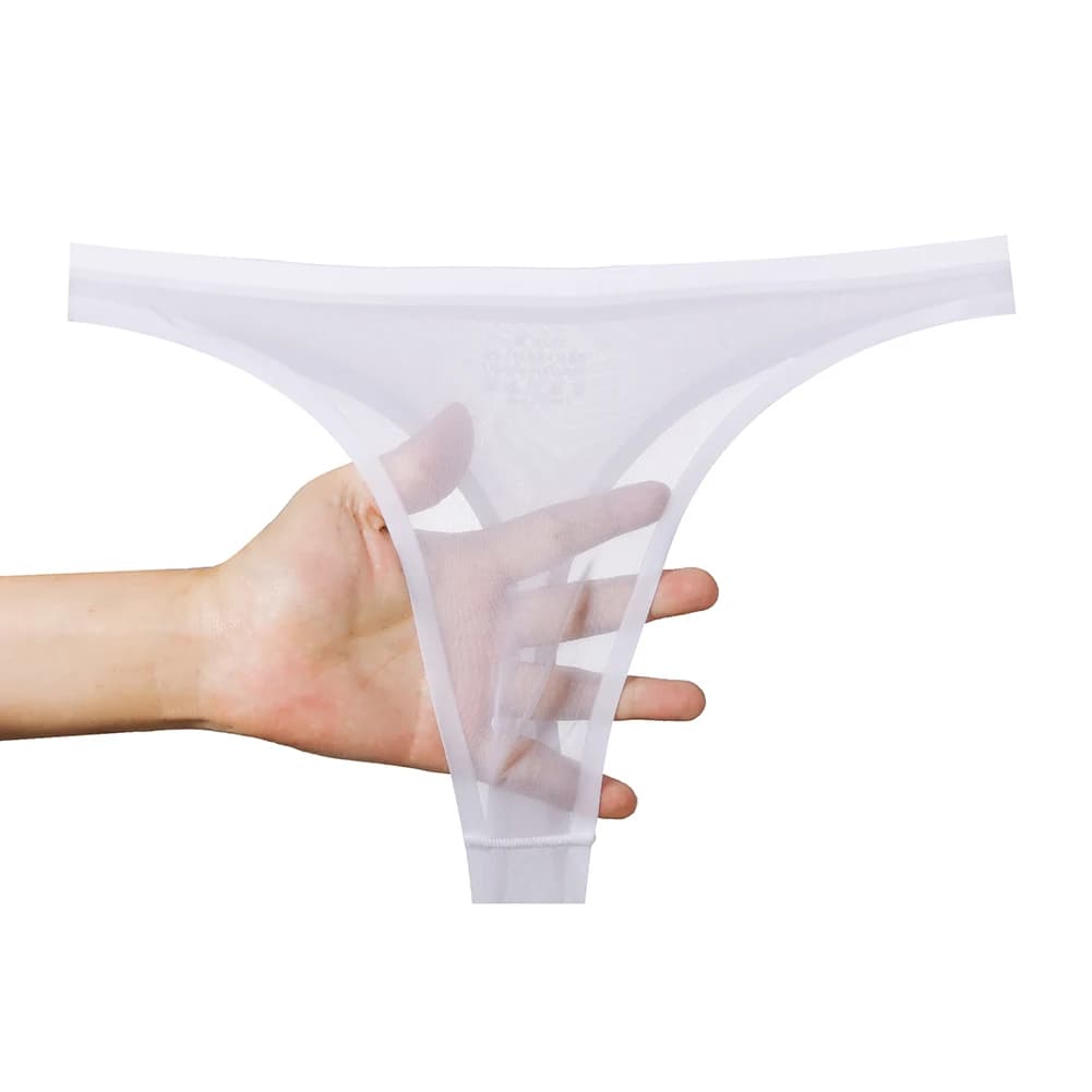 Slip perizoma da uomo in seta ghiaccio ultra sottile con tasca 3D a bomba, intimo trasparente a vita bassa, slip bikini da uomo con tasca a U, lingerie