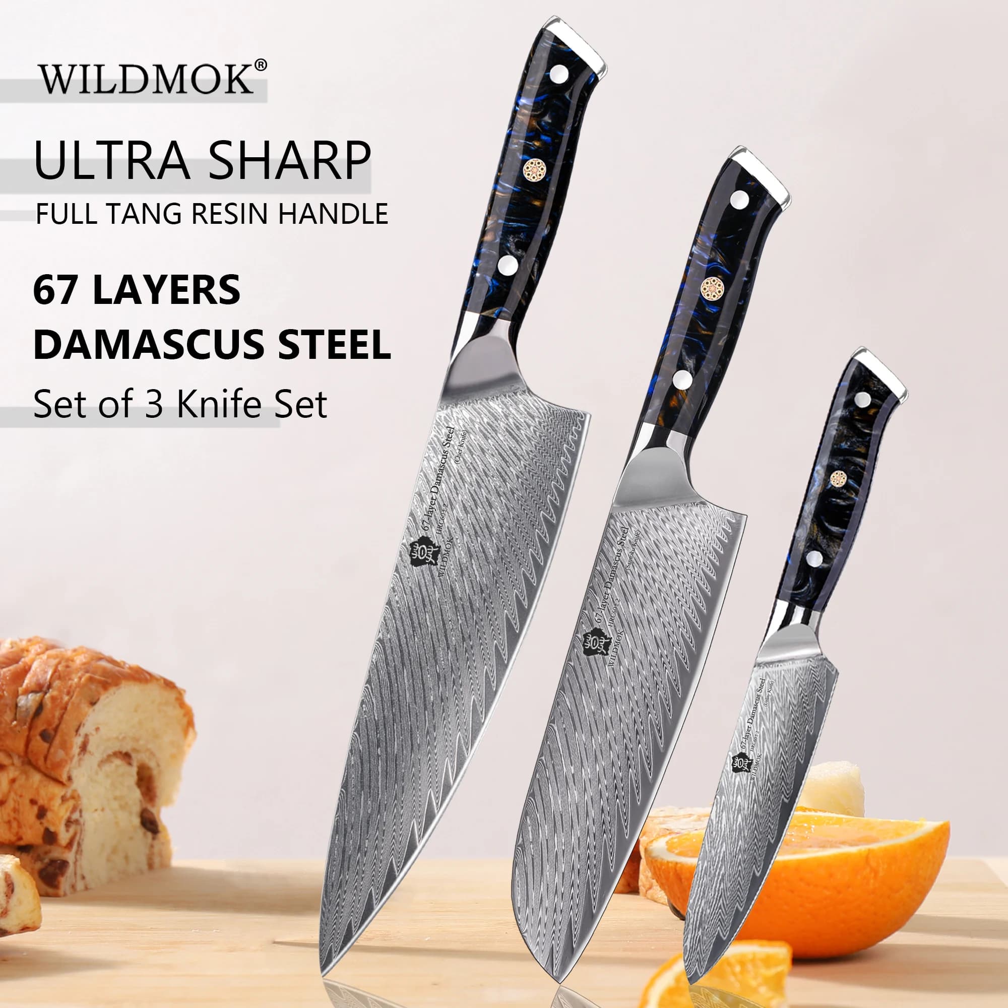 WILDMOK 3 PCS Kitchen Knife Set, 67 Layer VG10 Damascus Steel, Stylish Solid Resin Handle Multipurpose Home Chef Knives