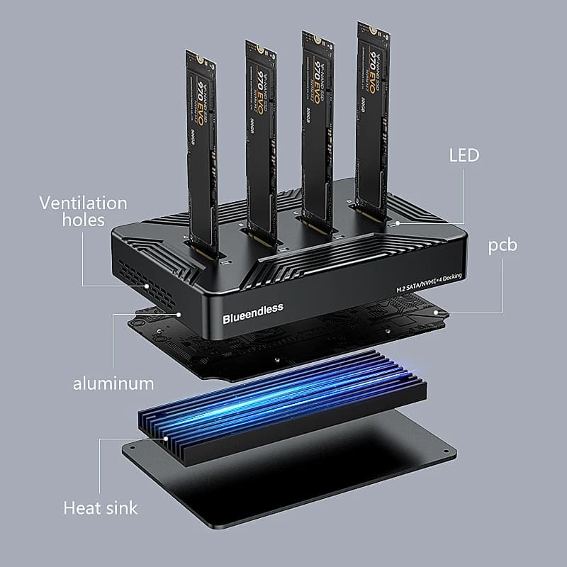 Blueendless Docking station SSD m2 a 4 vie Tipo C USB3.1 10 Gbps m.2 NVME SATA ngff doppio protocollo Custodia SSD in lega di alluminio