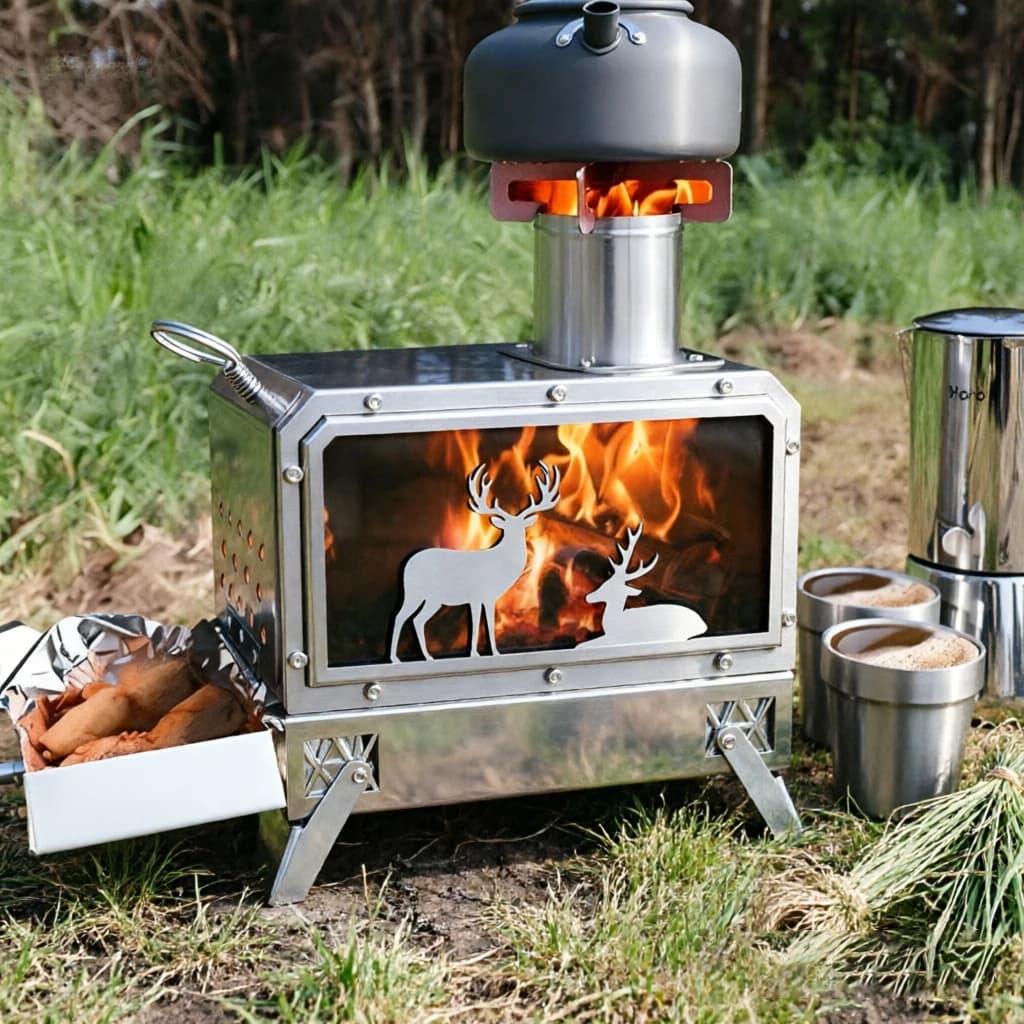 Stainless steel folding firewood stove | Deer viewing window heating+cooking dual-purpose camping stove for outdoor camping picnicking boiling water camping+cooking in one step
