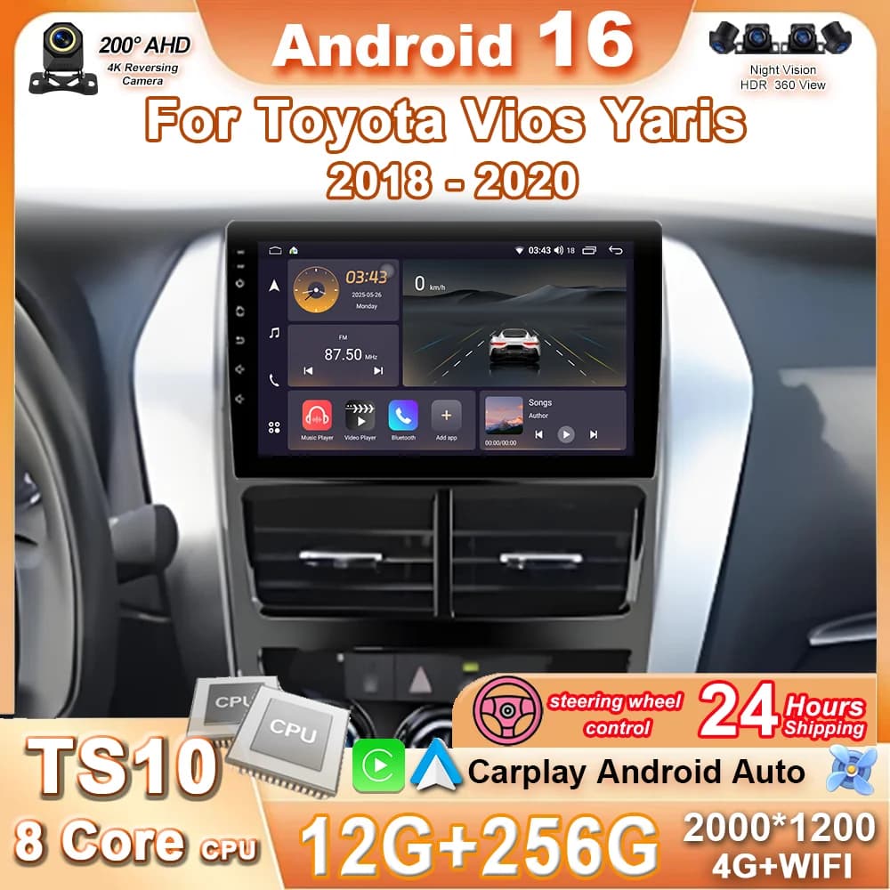 Car Radio Android Carplay For Toyota Vios Yaris 2018 2019 2020 Auto Multimedia Player Stereo Navigation GPS Head Unit 4G+Wifi BT