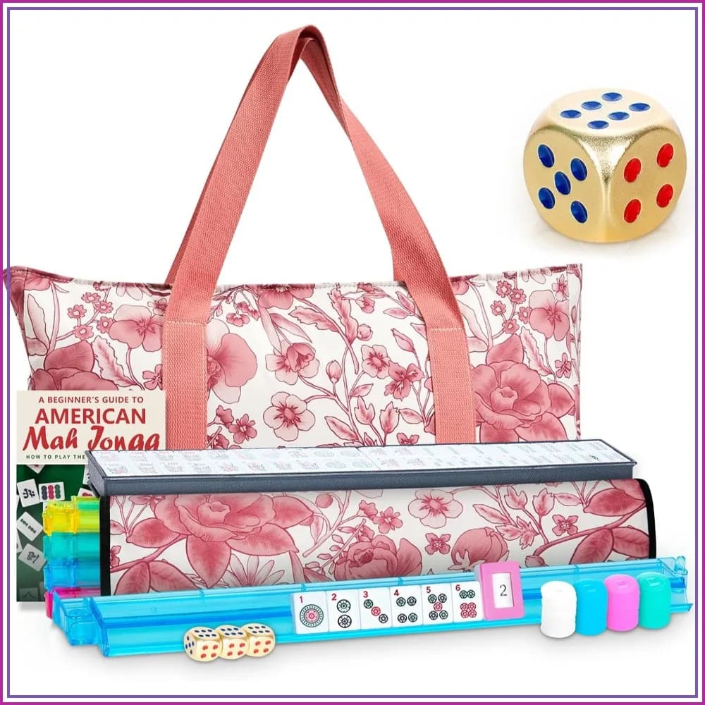 American Mahjong Set 166 Tiles with Pink Bag, Golden Dice, 4 Racks with Pushers