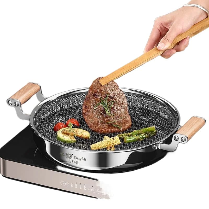 Italian Frying Pan 316 Stainless Steel Flat Bottom Frying Pan Binaural Extra Thick Wok Honeycomb Hot Pot for Electromagnetic