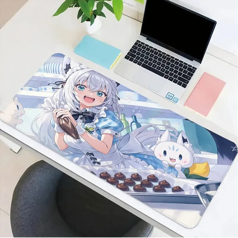 Kawaii White Cat Maid Gaming Mouse Pad, Non-Slip Office Desk Mat, Anime Girl Making Chocolates, Water-Resistant Keyboard Pad