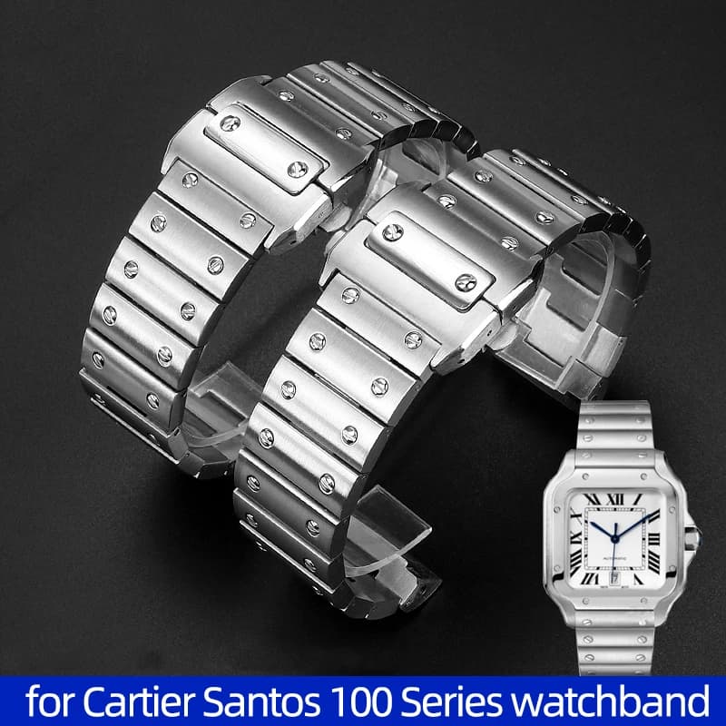 Cinturino per orologio in acciaio inossidabile massiccio per cinturino da uomo Cartier Santos serie 100 Accessori per orologi con fibbia a farfalla da 23 mm