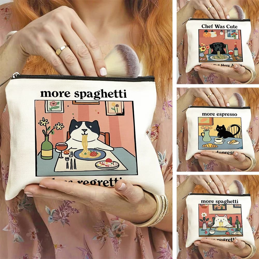 Borsa Cosmetica Casual con Stampa Gatto Cartone Animato, Doppia Stampa, Pochette da Viaggio Portatile, Astuccio per Rossetti e Trucchi