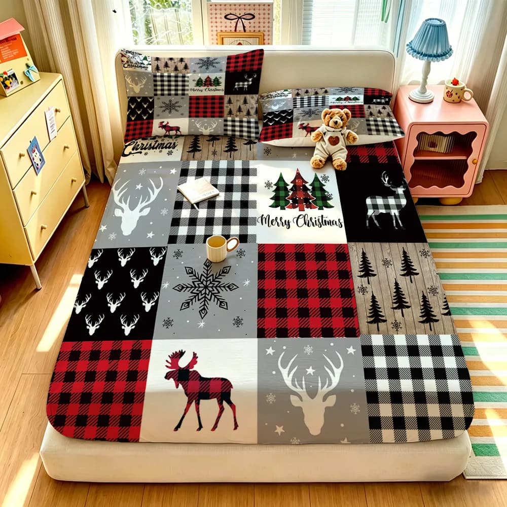 Cartoon Christmas Pattern Printed Fitted Sheet,Children Bedroom Bed Cover Set,Christmas pattern Bedding Set with Pillowcases