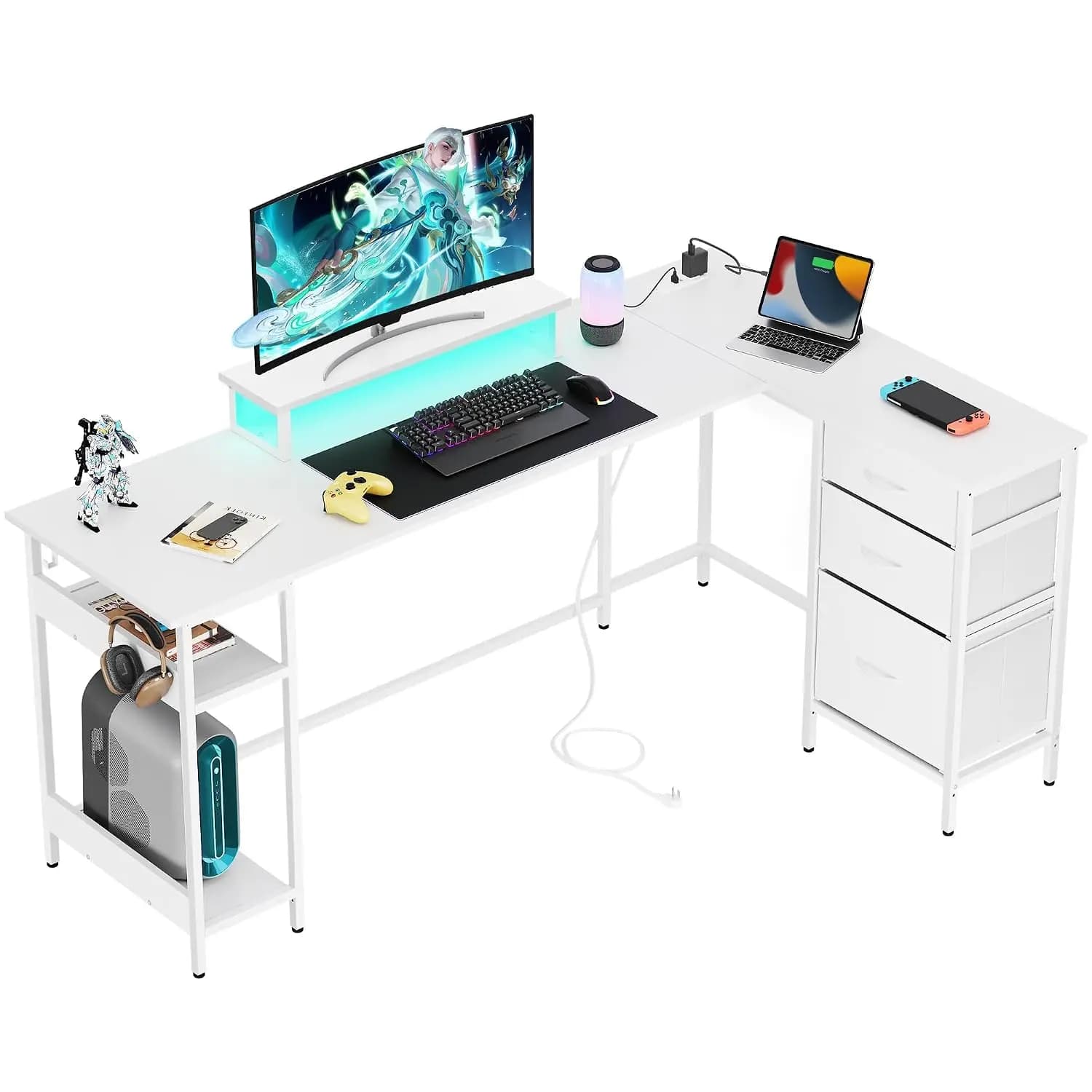 L Shaped Gaming Desk with Drawers Storage LED Lights Power Outlets Monitor Stand Home Office White, Customized
