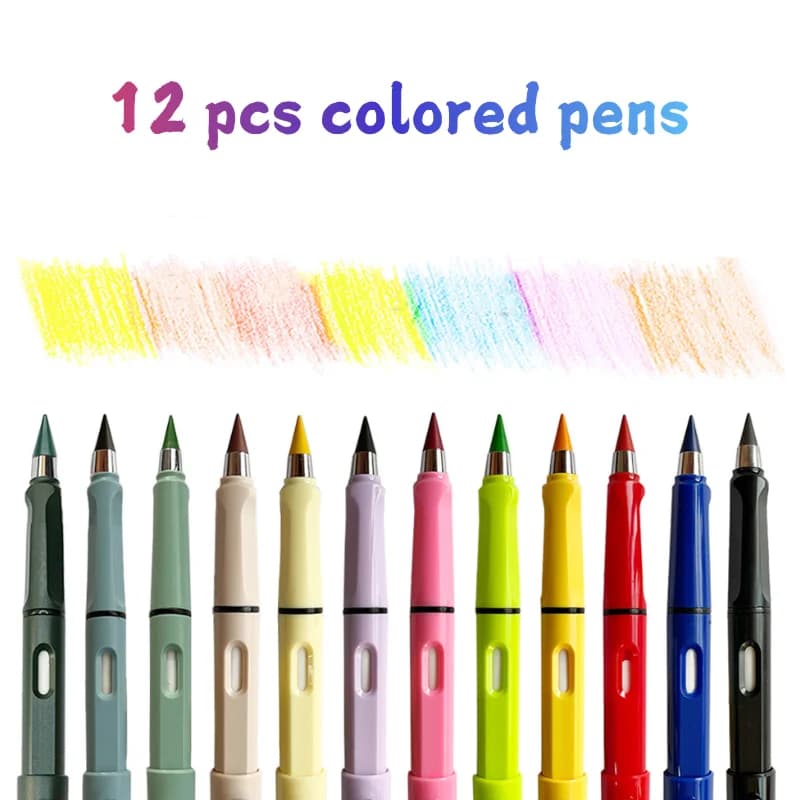 12Pcs Color Permanent Pencil Set, Replaceable Tips No Ink No Cut, Break-Resistant Refillable Drawing Pencils