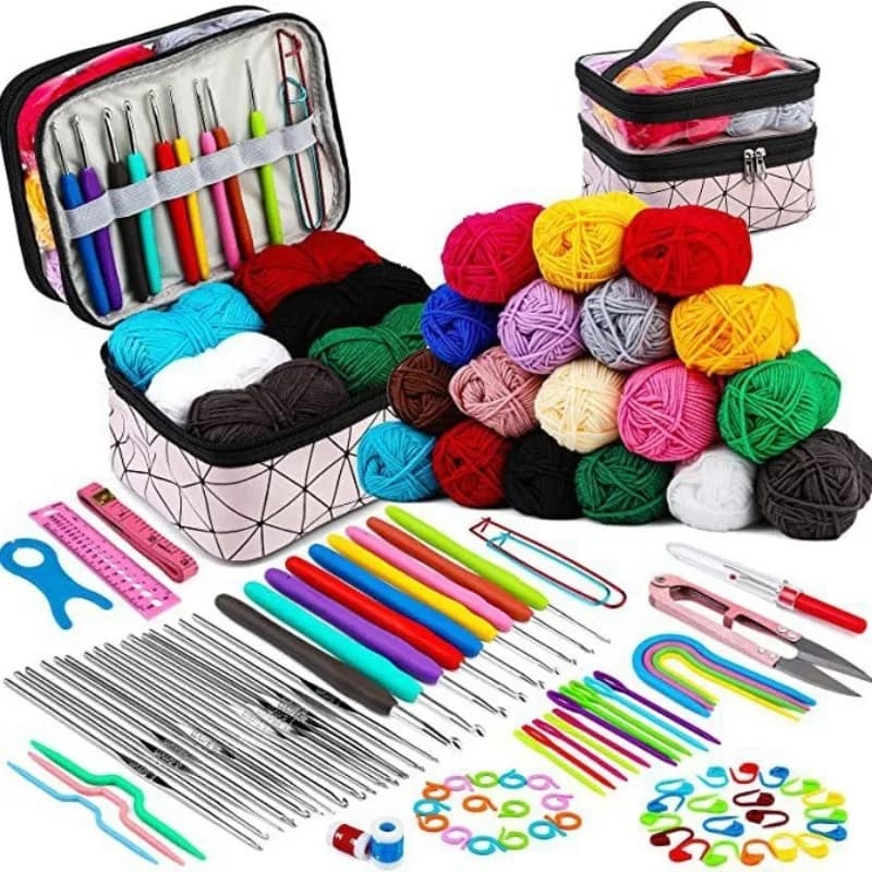 Set all'uncinetto da 105 pezzi, completo con aghi e strumenti per filettatura intrecciati a mano fai-da-te, inclusa borsa per riporre il filato Set all'uncinetto TPR