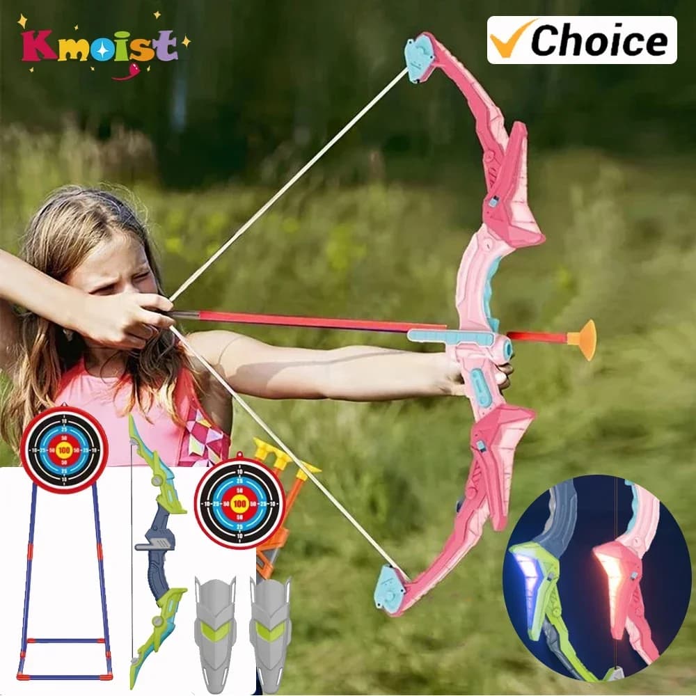 Set arco e frecce Giocattolo per tiro con l'arco illuminato per bambini all'aperto con bersaglio in piedi Regali di compleanno Giochi da interni Giocattoli Regalo di Capodanno per bambini