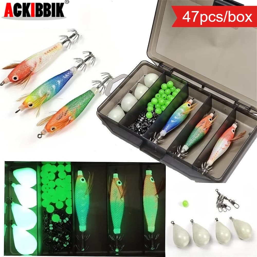 Set of 47 Pieces for Horizontal Fishing of Calamari, with Egyptian baits, Luminous beads, Connectors and Piombi, for Water Fishing Salad of Seppie and Polpi