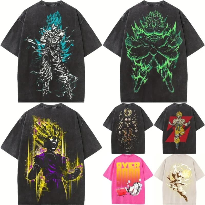 Washes T-shirts Summer Men's Japanese Anime Dragon Ball Goku Graphic Clothing HarajukuY2K Oversized DBZ Cotton Half-sleeve Tops