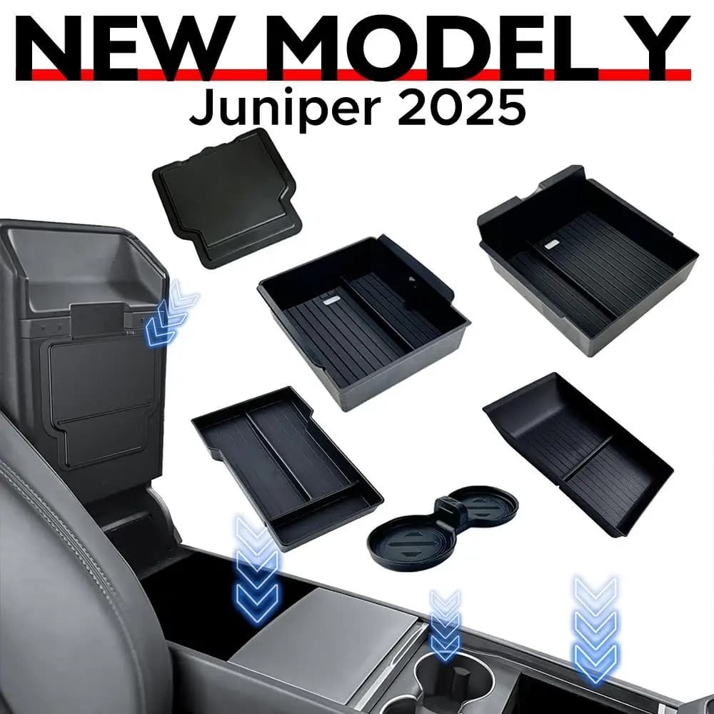 For Tesla New Model Y 2026 Launch Juniper ABS with Silicone Non-slip Mat Console & Armrest Storage Box Upper and Lower Watercup