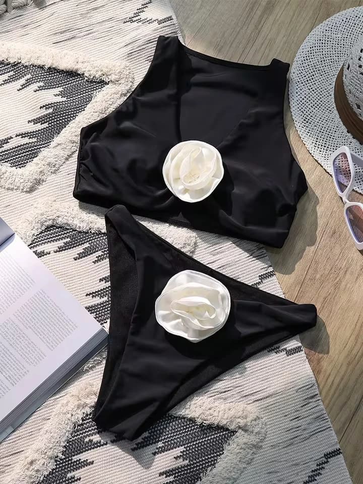 Vzvn 2026 New All Season Backless Bikinis Sexy 3D Floral High Waist Beach Bikinis for Women Split Swimsuit Bikini 2 Piece Set