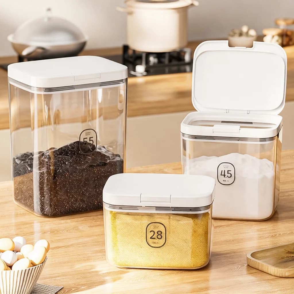 Kitchen Food Storage Container Airtight Vacuum Flour Rice Jar Minimalist Preservation Box Transparent Organizer