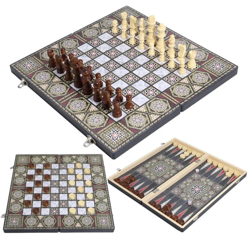 Luxury Knight Wooden 3-in-1 Chess Backgammon Foldable Intellectual Entertainment Game Portable Board Multiple Modes