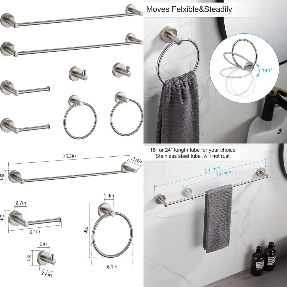 Set di accessori da bagno in nichel spazzolato da 8 pezzi con portasciugamani