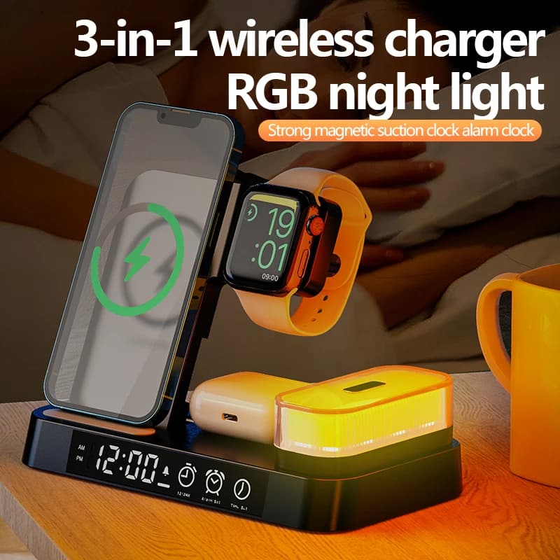 Multifunction White Wireless Charging Dock With Alarm Clock With Hour View And Wireless Charger With Night Light For Samsung Phones