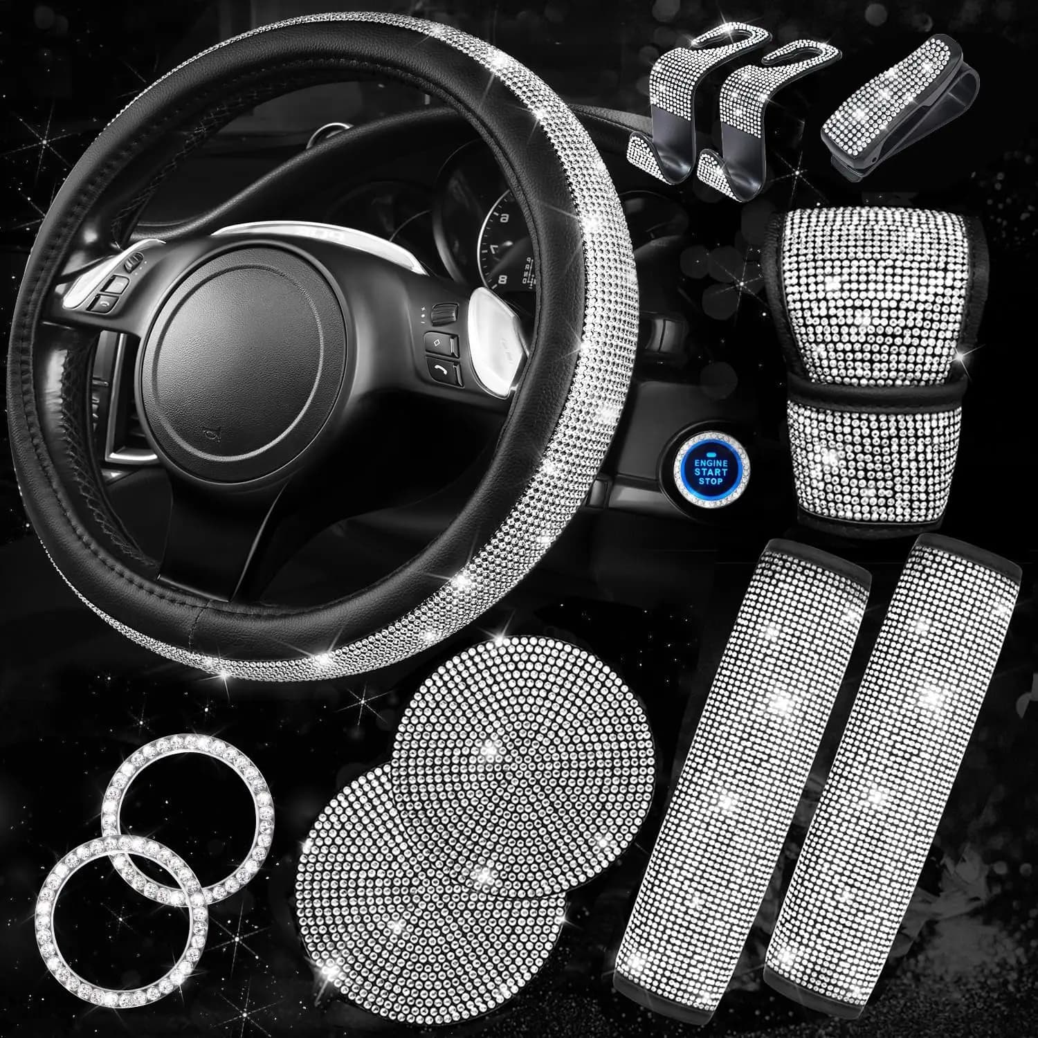 Set di Accessori Auto Scintillanti con Diamanti per Donne: Coprivolante, Cuscinetto per Cintura di Sicurezza, Pomello del Cambio, Sottobicchiere per Portabicchieri in Argento