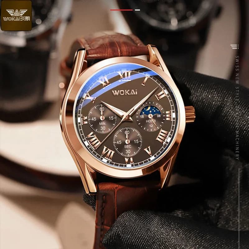 WOKAI Fashion Casual Business Watches Men Brown Sport Watches Analog Leather Strap Quartz Watch Men Montre Homme 2023
