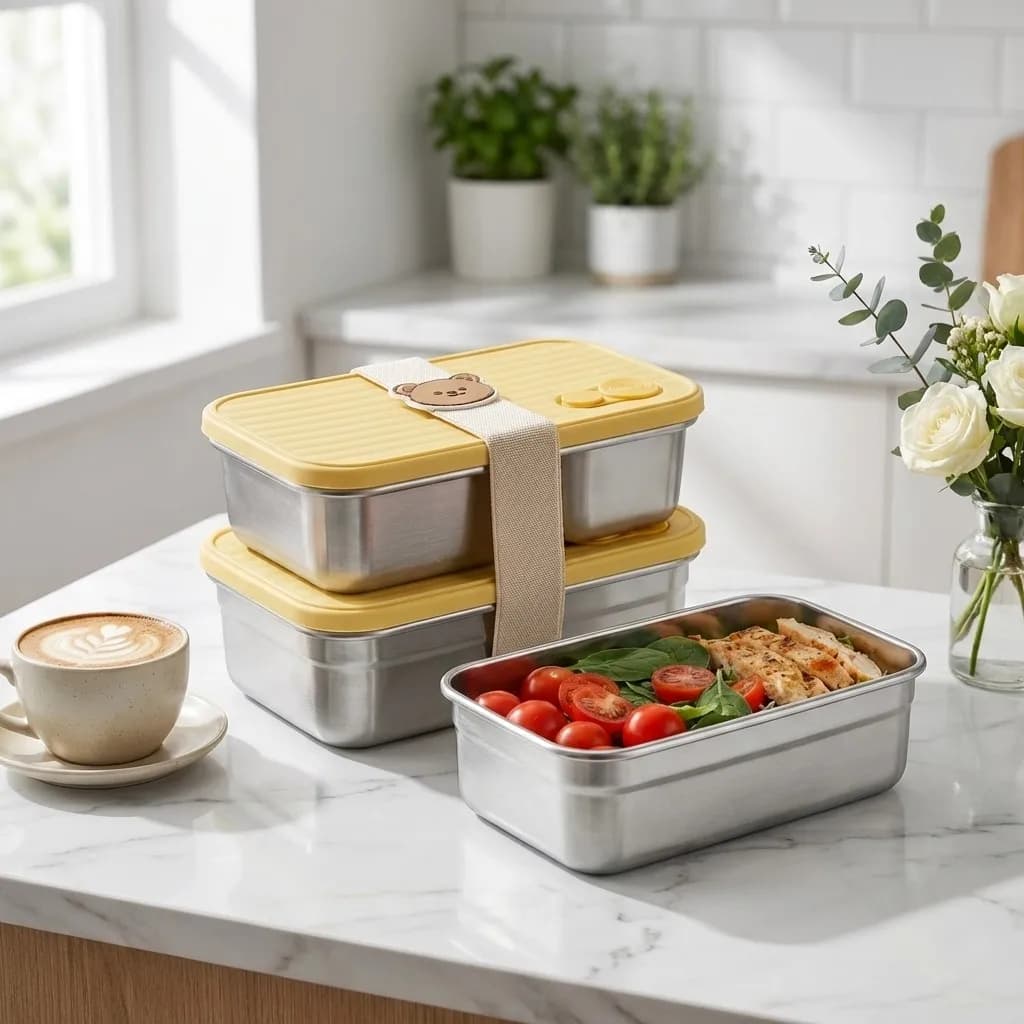 304 Stainless Steel Bento Lunch Box Microwave Heatable Stackable 2Pcs/Set Portable Fruit Salad Food Container For Kids Students