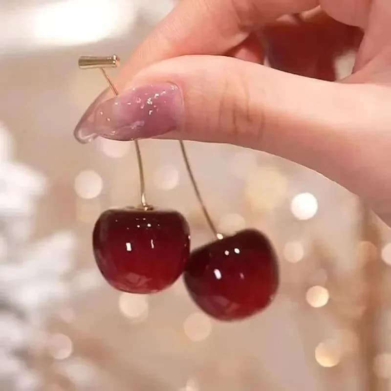 Orecchini Pendenti da Donna con Ciondolo a Ciliegia, Squisiti, Rossi Lucidi, Color Oro, Stile Ins, Orecchini a Perno Pendenti, Gioielli Quotidiani, Regalo di Compleanno