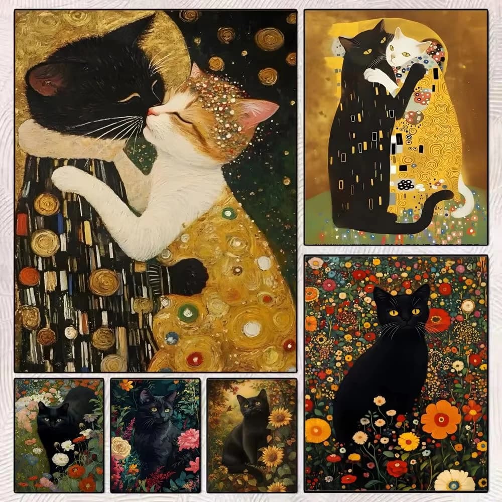 Gustav Klimt Style Cat Painting 5D DIY Diamond Painting Kit Full Round Drill For Home Coffee House Elegant Wall Art Decor Gift
